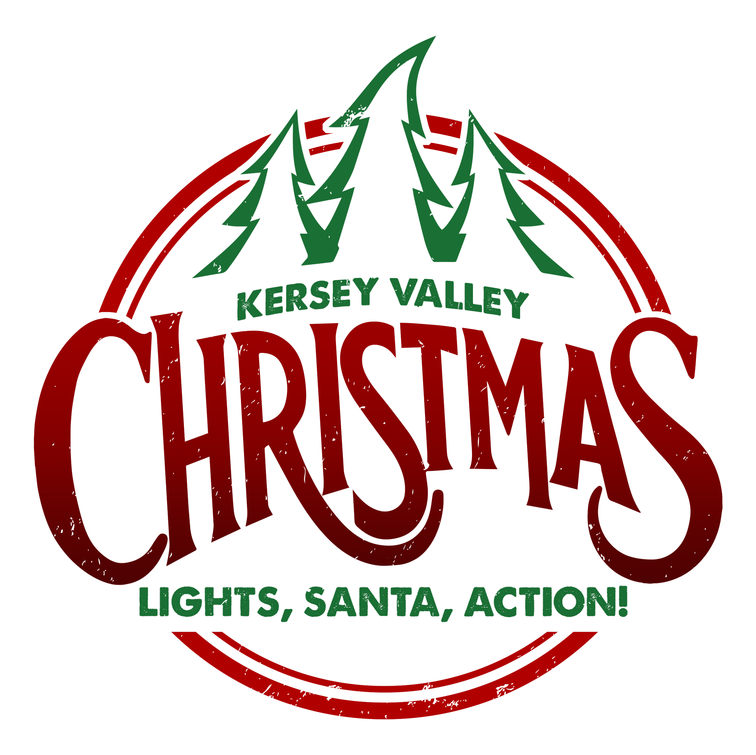 Logo with text "Kersey Valley Christmas: Lights, Santa, Action!" featuring stylized evergreen trees above the word "Christmas."