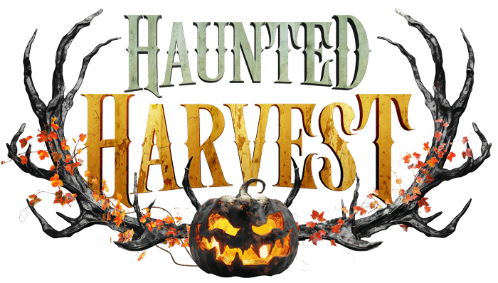 "Haunted Harvest" text with a carved pumpkin, surrounded by antler-like branches and orange leaves.