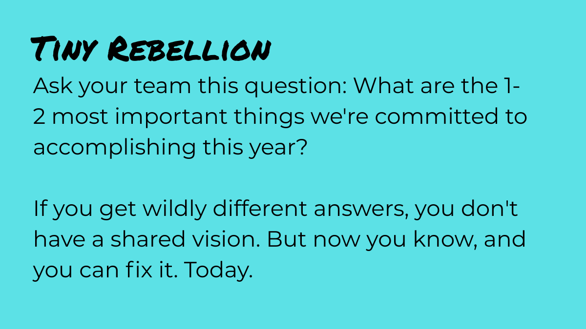 Teal graphic titled “Tiny Rebellion” prompting teams to identify their top priorities for the year.