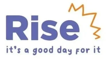 The image displays the word 'Rise' in large blue letters with the phrase 'it's a good day for it' written below in smaller blue font. There is an orange zigzag line resembling a sun or burst next to the word 'Rise.'