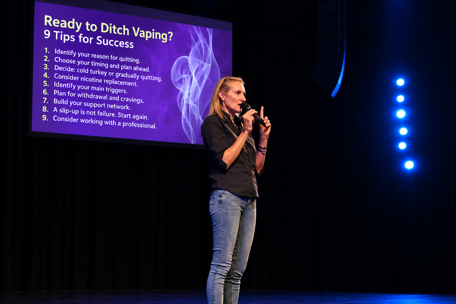 Azelene Williams speaking into a microphone on stage during a presentation about quitting vaping, with a large screen behind her displaying tips for success.
