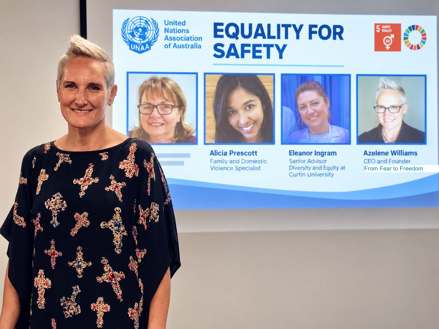 A woman standing in front of a presentation slide titled "EQUALITY FOR SAFETY" by the United Nations Association of Australia. The slide features photographs and names of four women and their titles, focusing on themes of gender equality and diversit