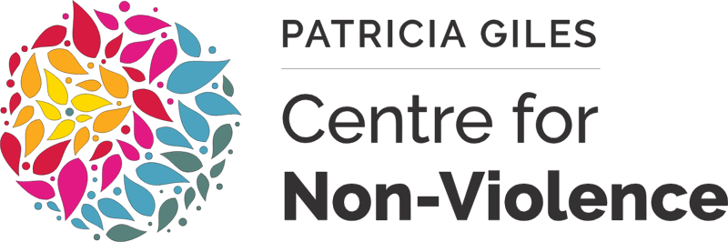 Logo for the Patricia Giles Centre for Non-Violence featuring a colorful, abstract floral design and bold black text.