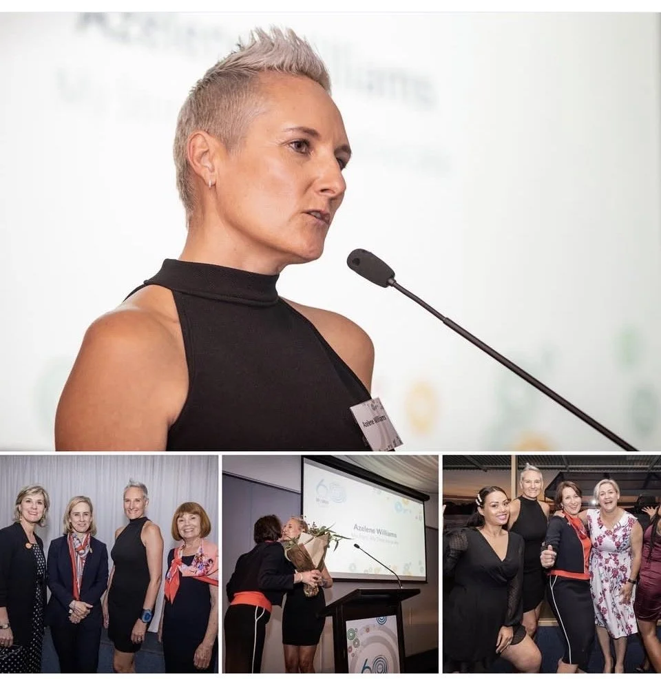 Multiple photos of women at an event, including a woman giving a speech at a podium, women in formal attire posing for pictures, and a woman receiving an award.