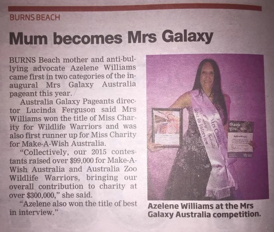 Azelene Williams wearing a sash and holding a certificate, standing against a purple background, with a picture frame on her left and a quote on her right. She is Azelene Williams National Finalist at the 2015 Mrs. Galaxy Australia competition.