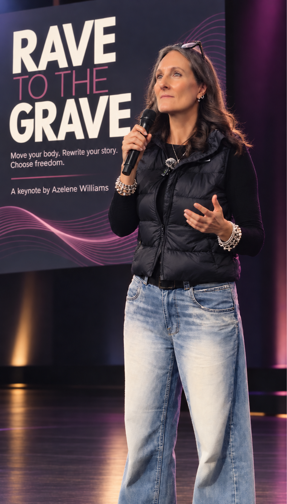 Azelene Williams speaking into a microphone at an event with a sign behind her that reads 'Rave to the Grave,' featuring pink and white text and purple wave graphics.