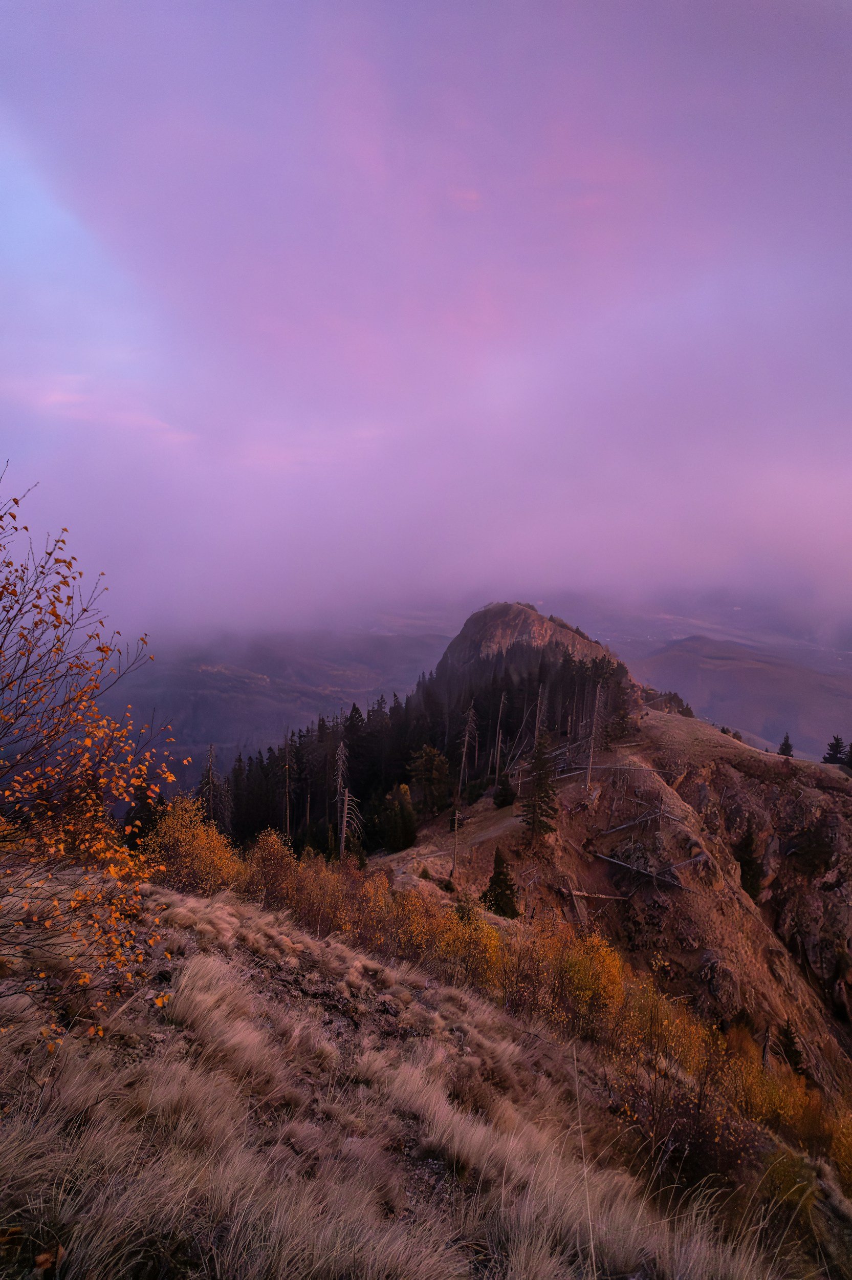 A mountain landscape at sunset with a purple sky, rocky terrain, trees, and autumn foliage.
