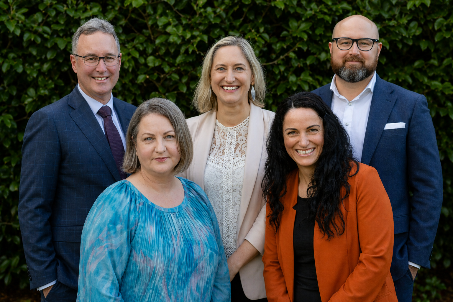 Group portrait of five professionally dressed adults standing outdoors in front of green leafy background, smiling at the camera.