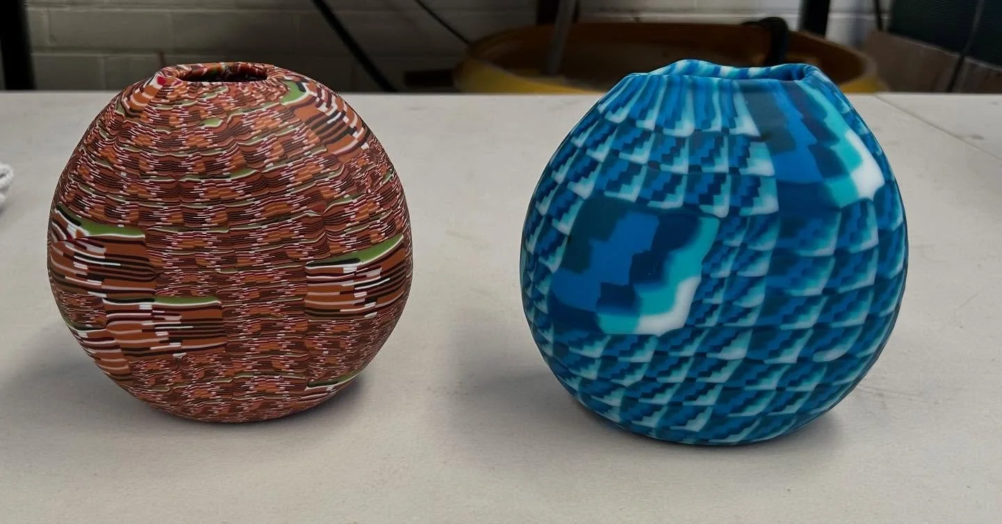 Today I managed to finalise the two glass pieces I made during the murrine masterclass with Giles Bettison.  For me, my inspiration came from the colours of south east Alaska where I had been immediately prior to the workshop.  Thanks to @ruthallengl