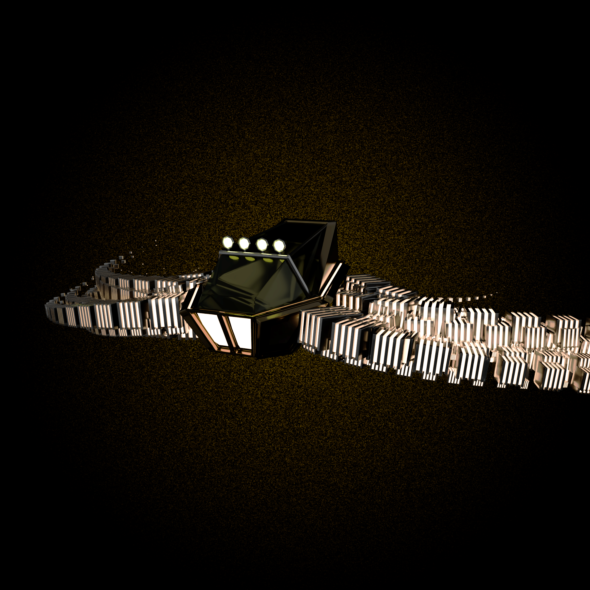 A futuristic spaceship with bright lights and metallic surfaces, traveling through a dark space background.