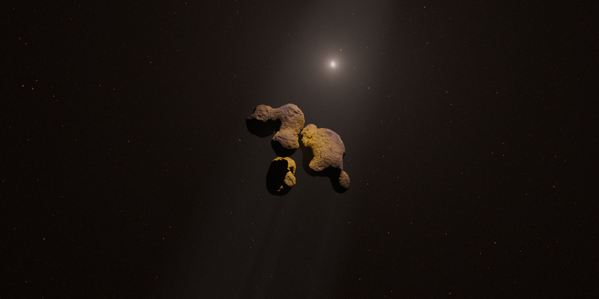 A set of rocks floating in space beneath a bright star or planet, with a starry background.