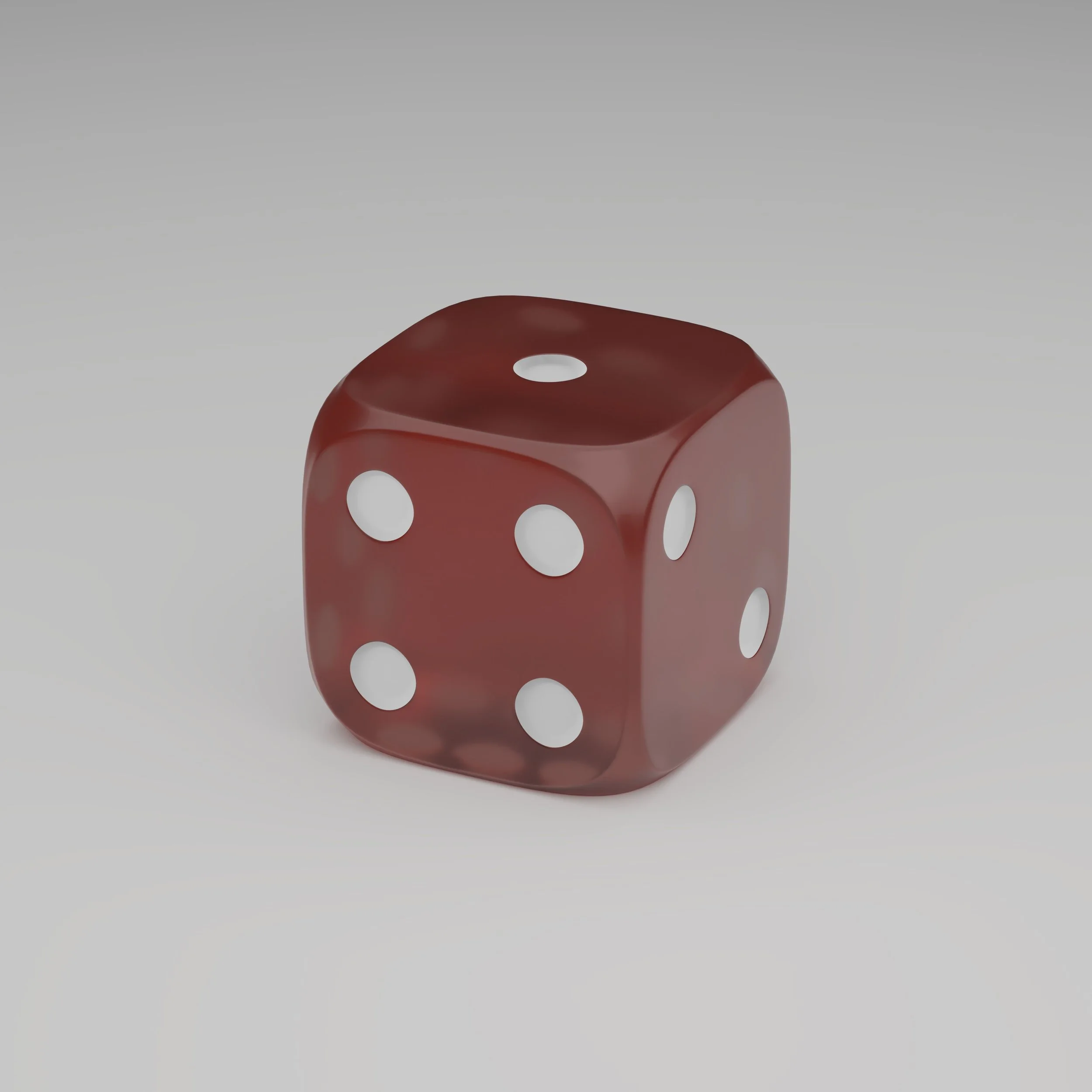 Red six-sided die with white dots on each face, showing the number five.