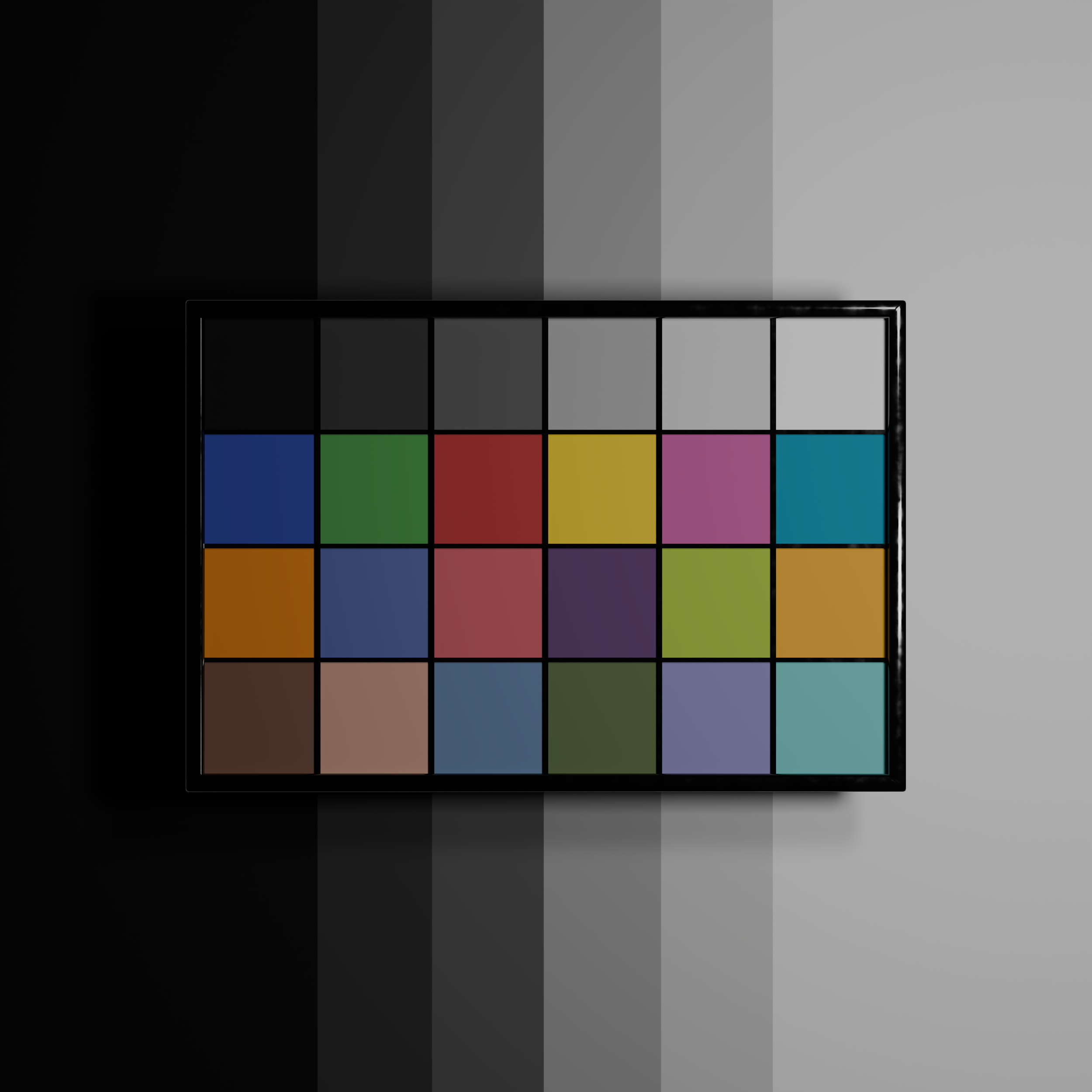 Color calibration chart with multiple colored squares on a black frame, displaying a gradient background from black to light gray.