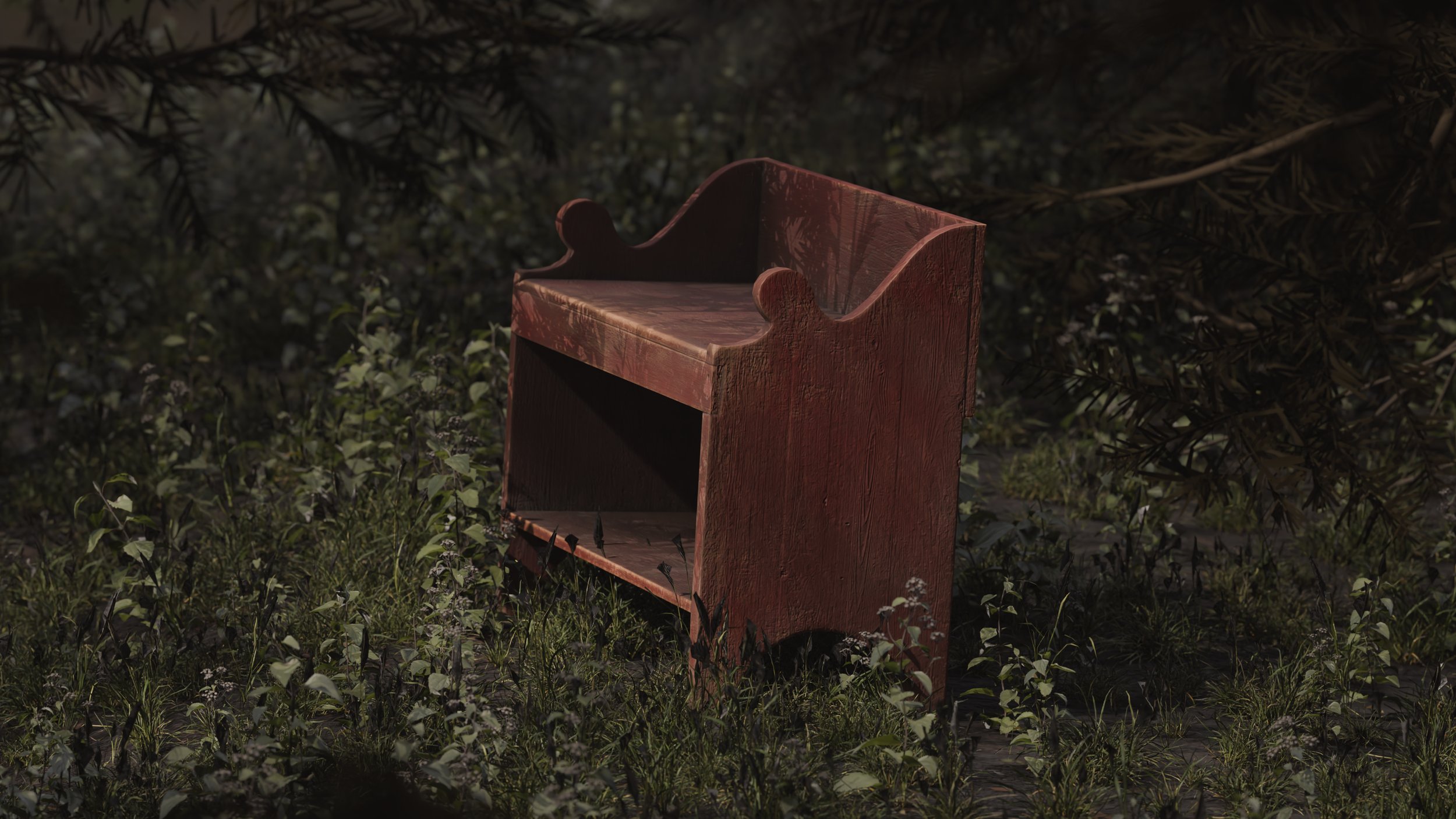 An abandoned red bench in a forest with overgrown grass and plants.