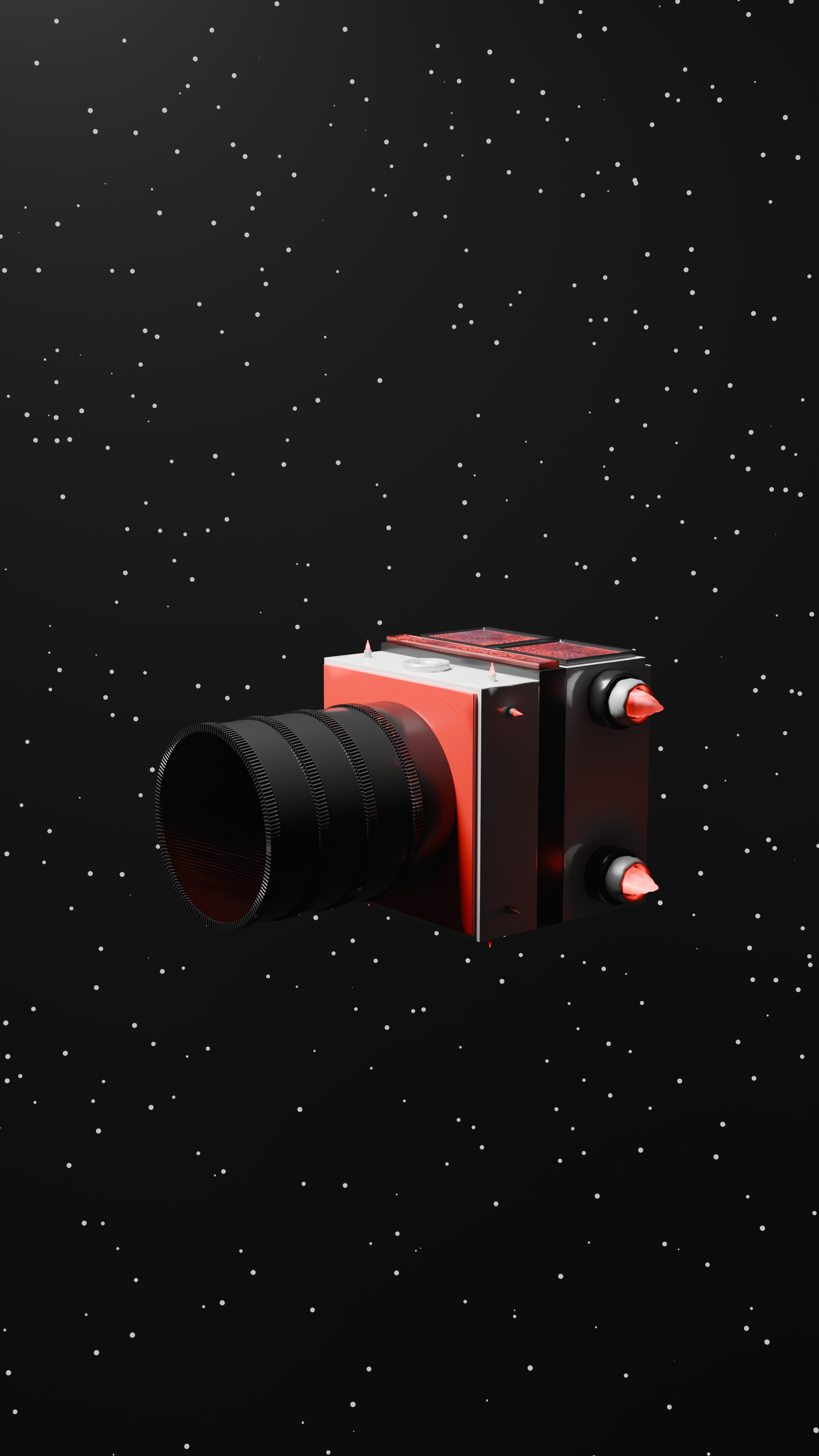 A small spacecraft with a red and black color scheme floating in outer space with many stars in the background.