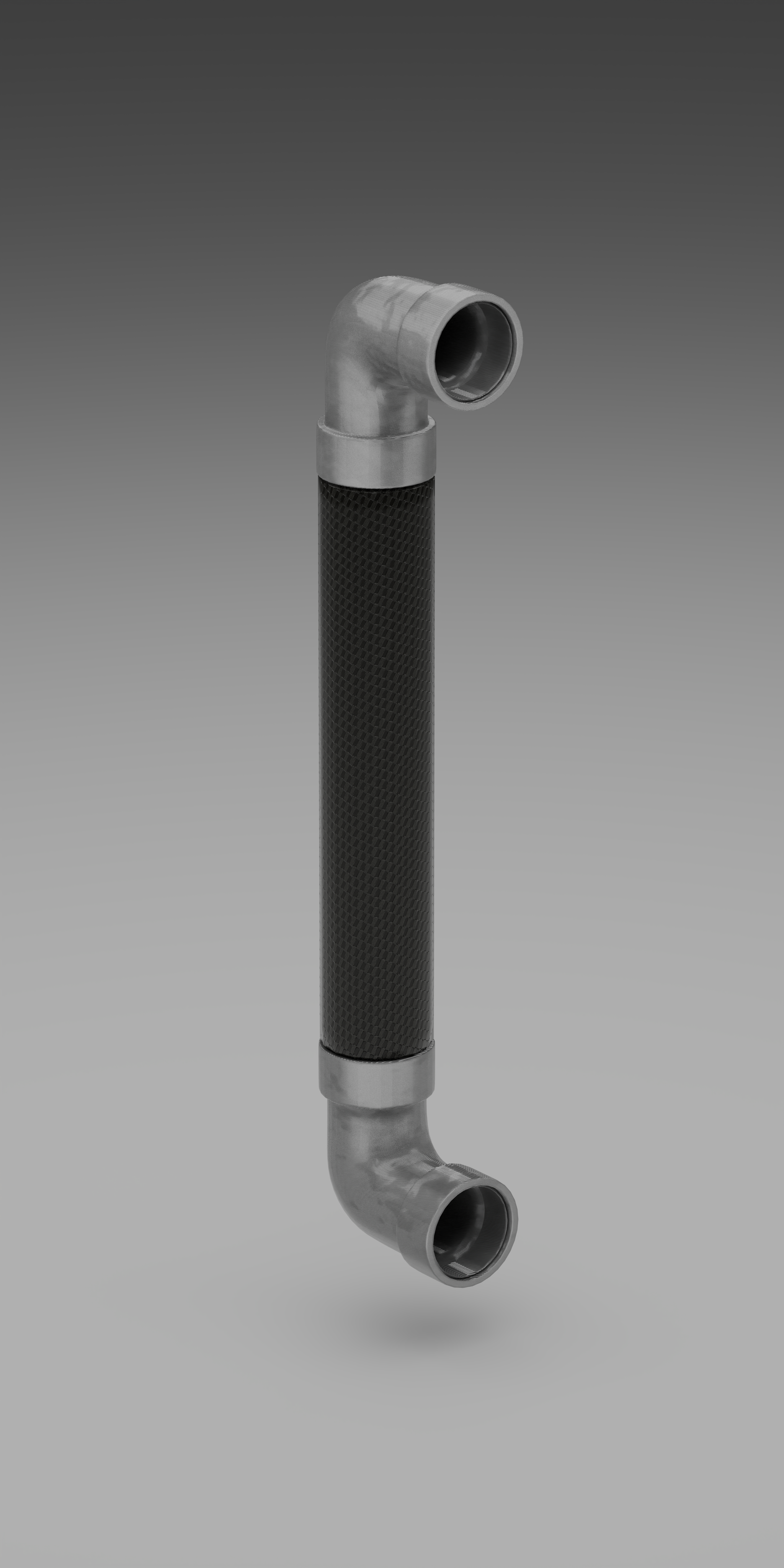 A pipe with a black textured grip featuring a metal elbow joint at each end, set against a gray gradient background.