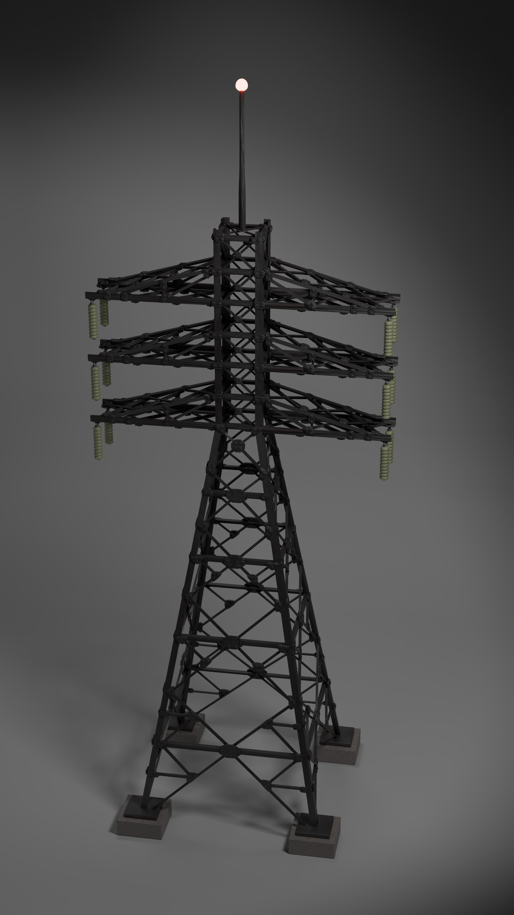 A tall black electrical transmission tower with three levels of insulators and a red warning light at the top, standing on four concrete bases.
