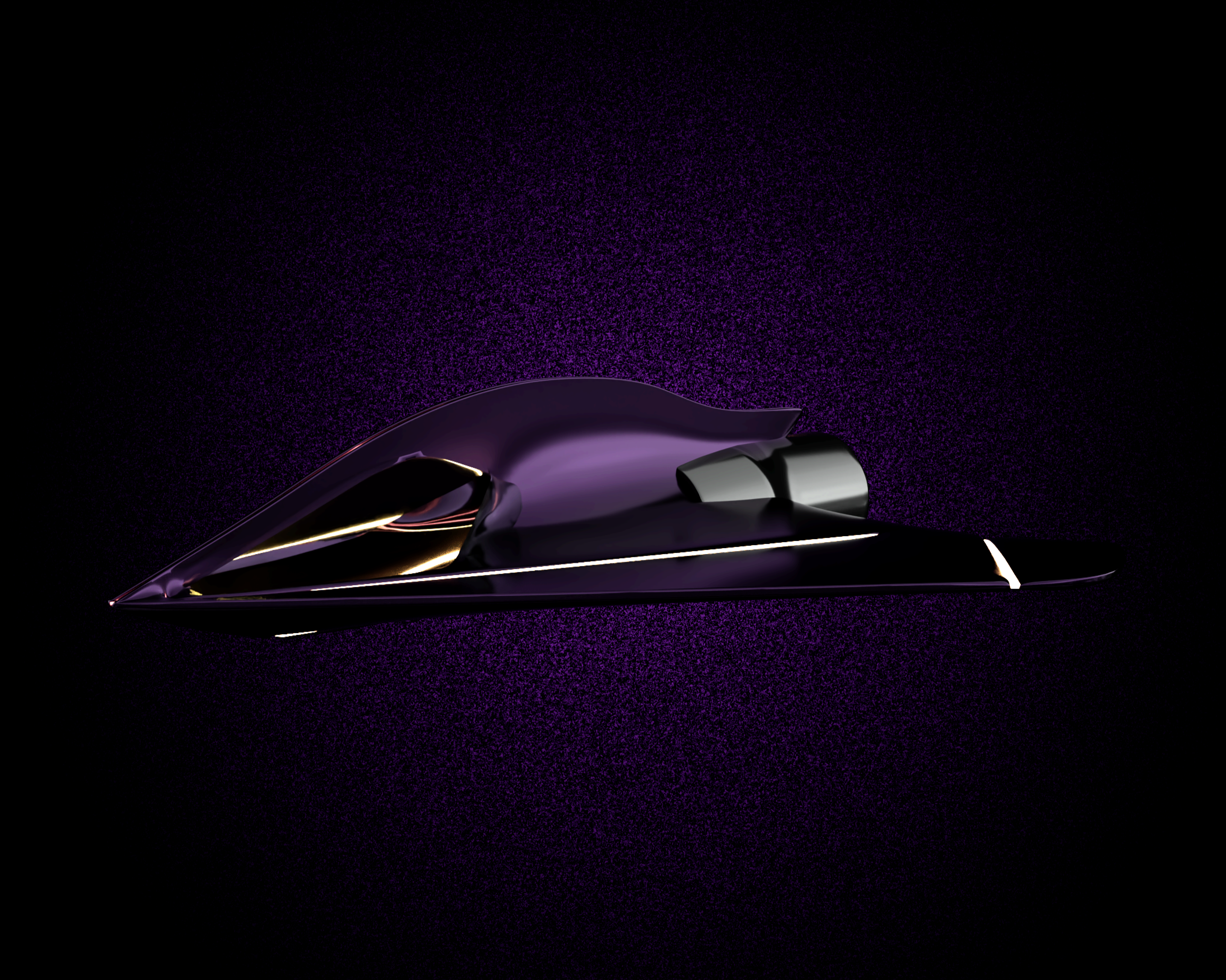 A sleek, futuristic purple and black spaceship with metallic accents, set against a dark background.