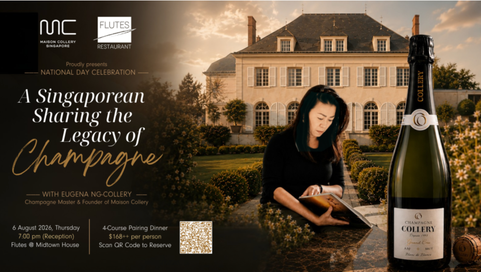 Event poster for a celebration of Singapore's national day with flutes restaurant, featuring Eugena Ng Collery and a bottle of Champagne Collery