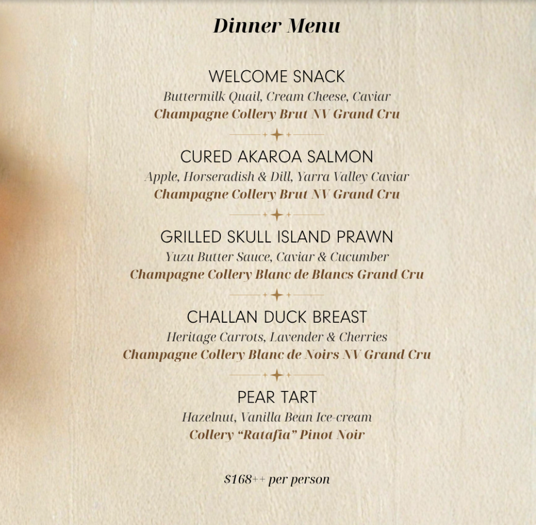 Dinner Menu 6 Aug at Flutes with Champagne Collery