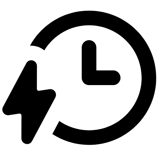 Icon of a clock with a lightning bolt, indicating quick or fast time.