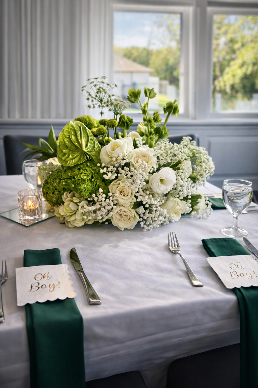 Elegant event table styling with lush white and green floral centerpiece, neutral table linens, and refined place settings for a baby shower.