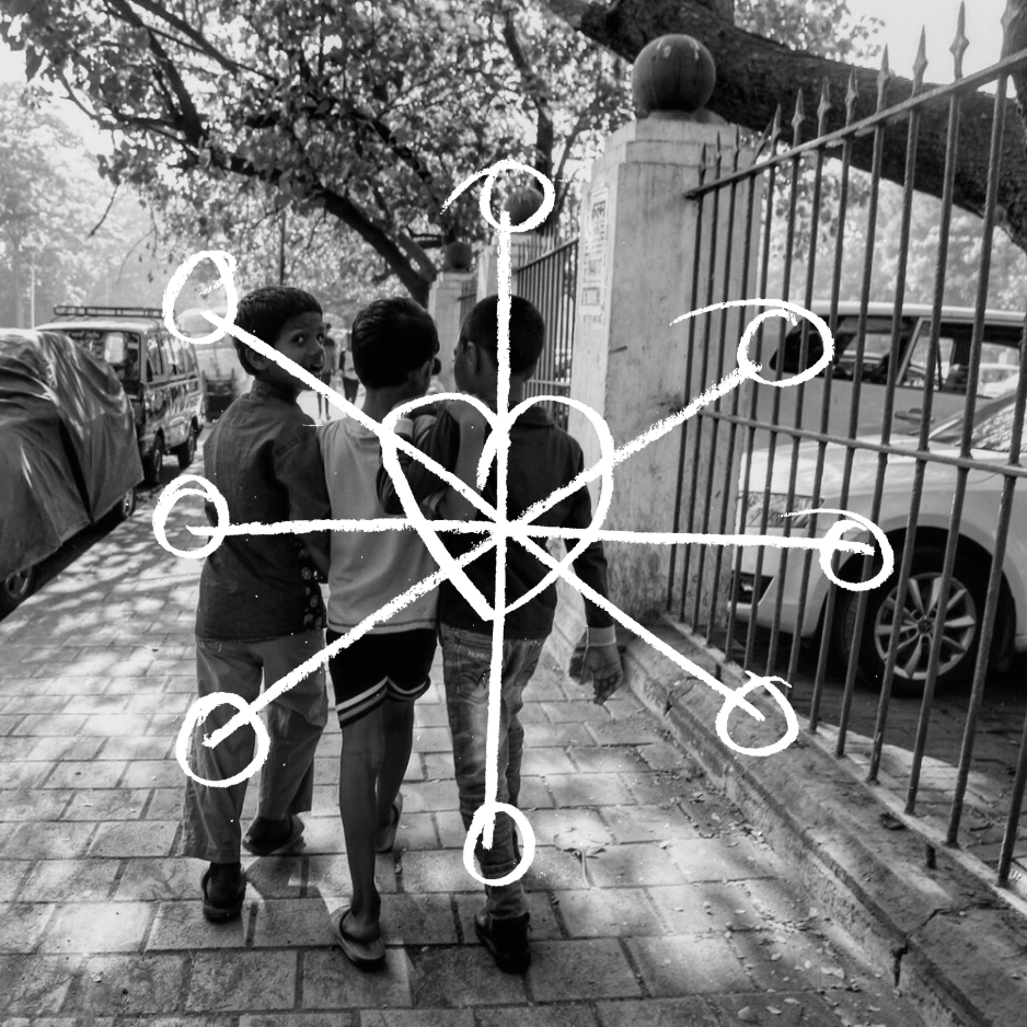 Four children walking on a sidewalk next to a metal fence, with parked cars and trees in the background, and a decoratively drawn design overlaying the image.