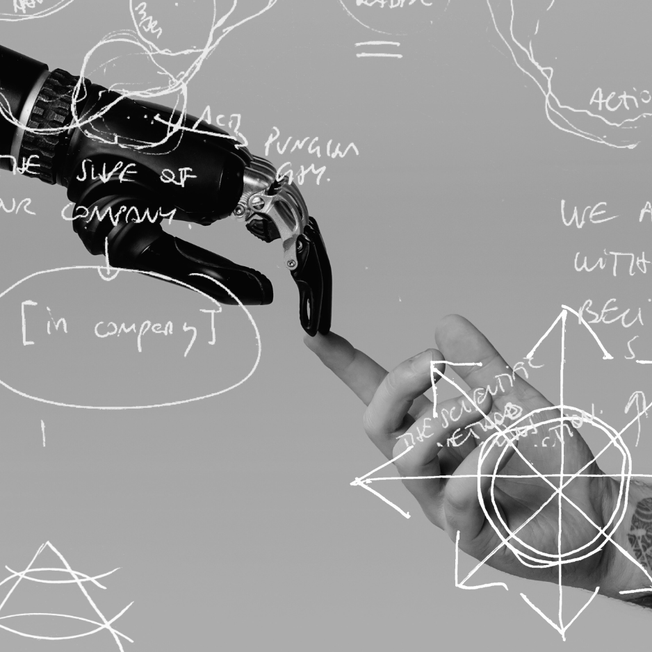 A robotic hand and a human hand are touching fingers, surrounded by handwritten notes and geometric diagrams on a gray background.