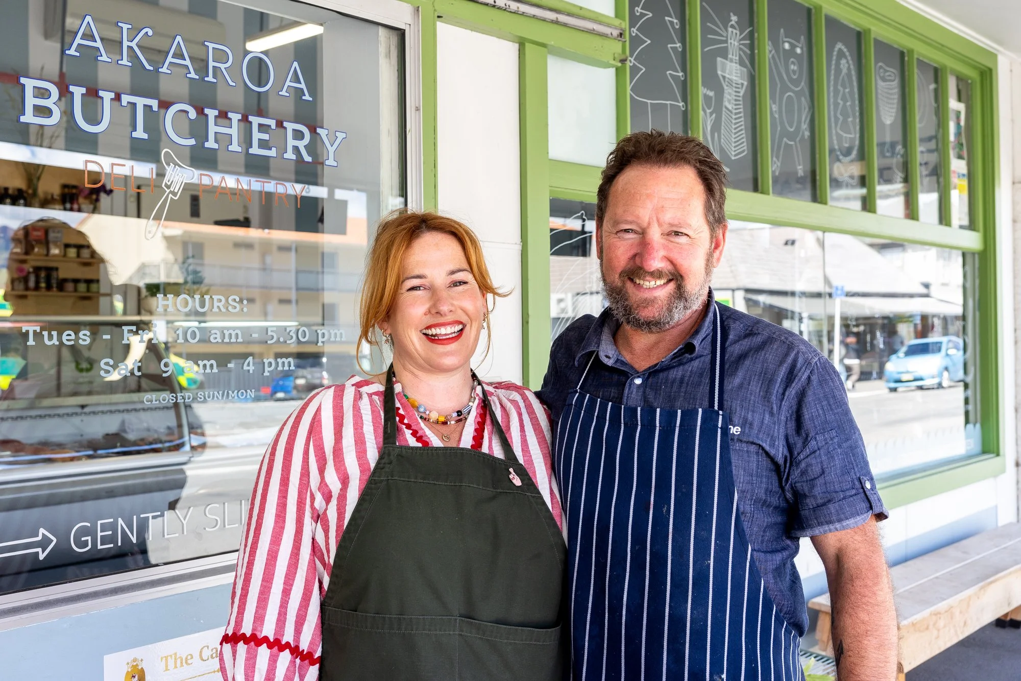 Julia Atkinson-Dunn and and T Dunn of the Akaroa Butchery and Deli. Image by Daniela Aebli