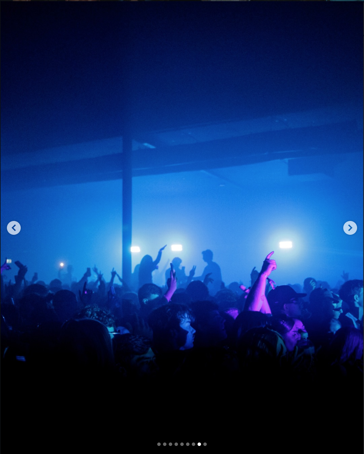 Crowd at a concert or nightclub dancing with hands raised, blue lighting, foggy atmosphere, people enjoying music.