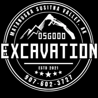 Logo for Osgood Excavation featuring mountain imagery, text indicating Matanuska Susitna Valley, establishment year 2021, and contact number 907-602-3727.