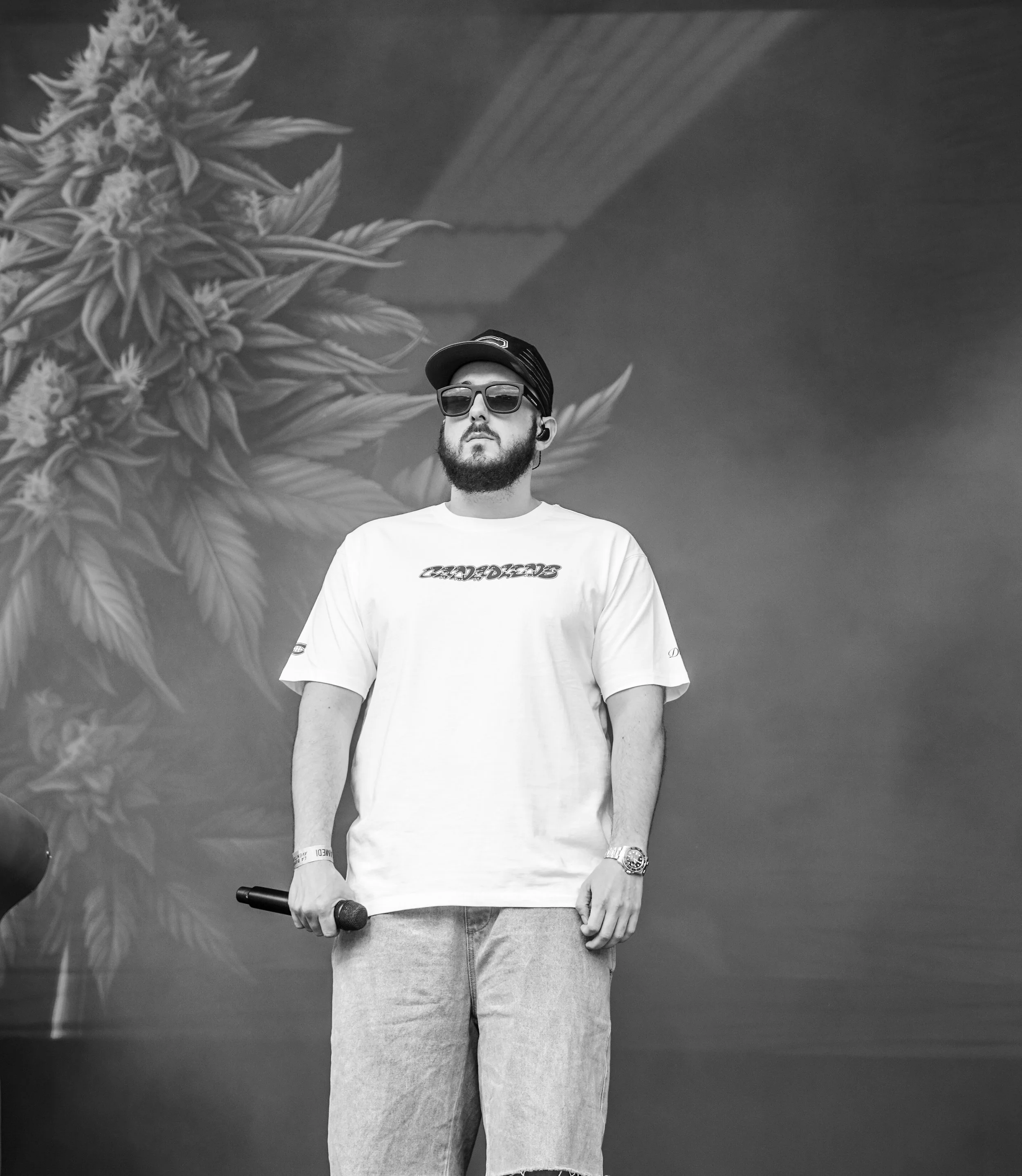 Un homme portant des lunettes de soleil, un chapeau, un t-shirt blanc et un pantalon ample, tenant un microphone, avec une grande image de cannabis en arrière-plan.
