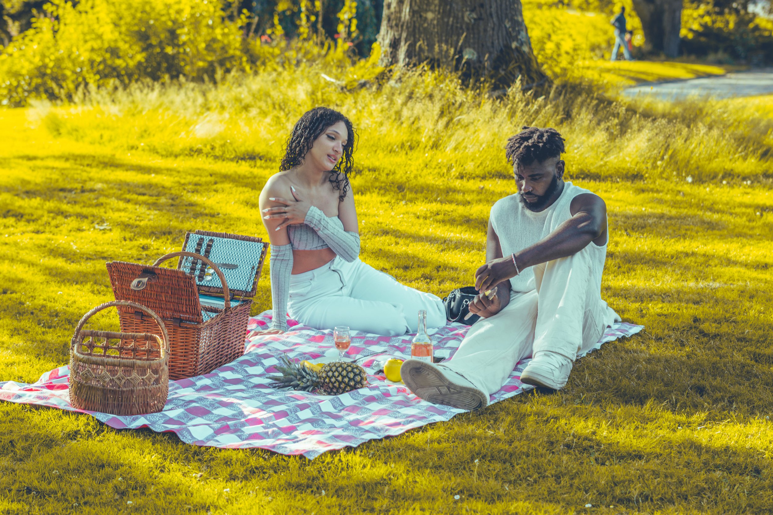 Un couple faisant un pique-nique sur une couverture à l'extérieur, entouré d'arbres et de nature, avec des paniers en osier et des fruits, dans un cadre ensoleillé.