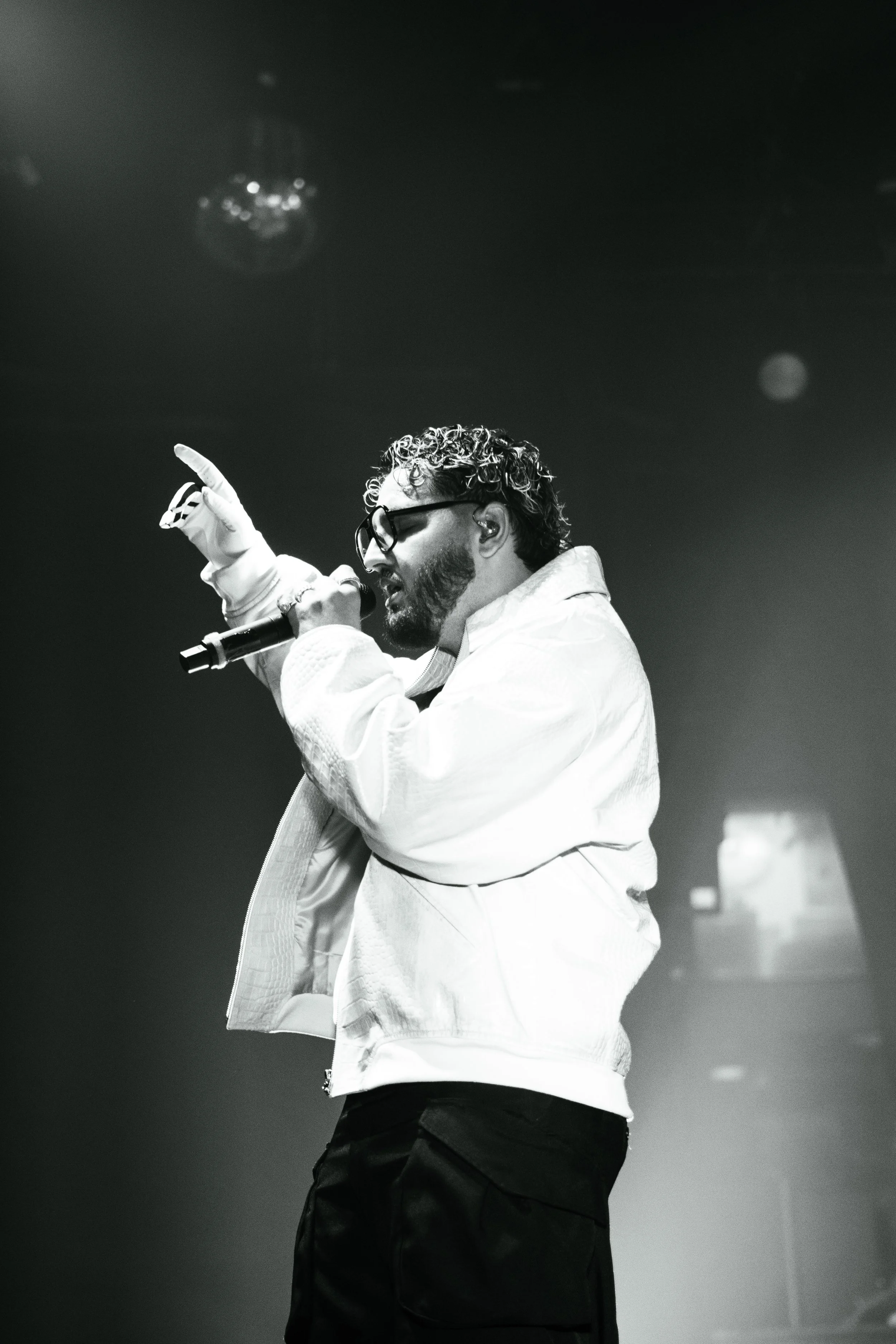 Un homme avec des lunettes, une barbe et des cheveux bouclés chante avec un microphone sur scène.