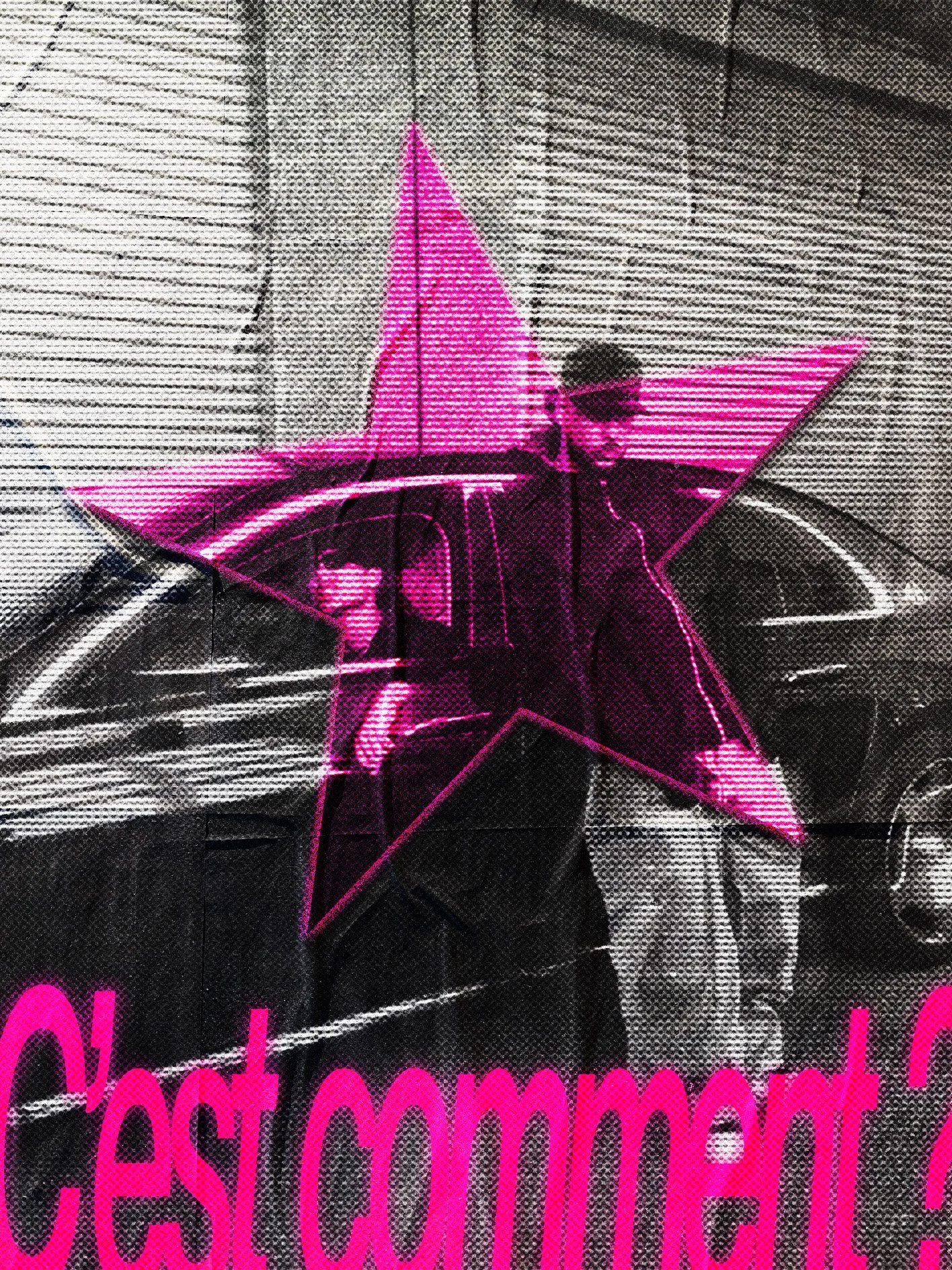 Une enseigne lumineuse en forme d'étoile rose avec une silhouette de femme à l'intérieur, installée sur un mur en pierre. Texte affiché en rose en bas de l'image.