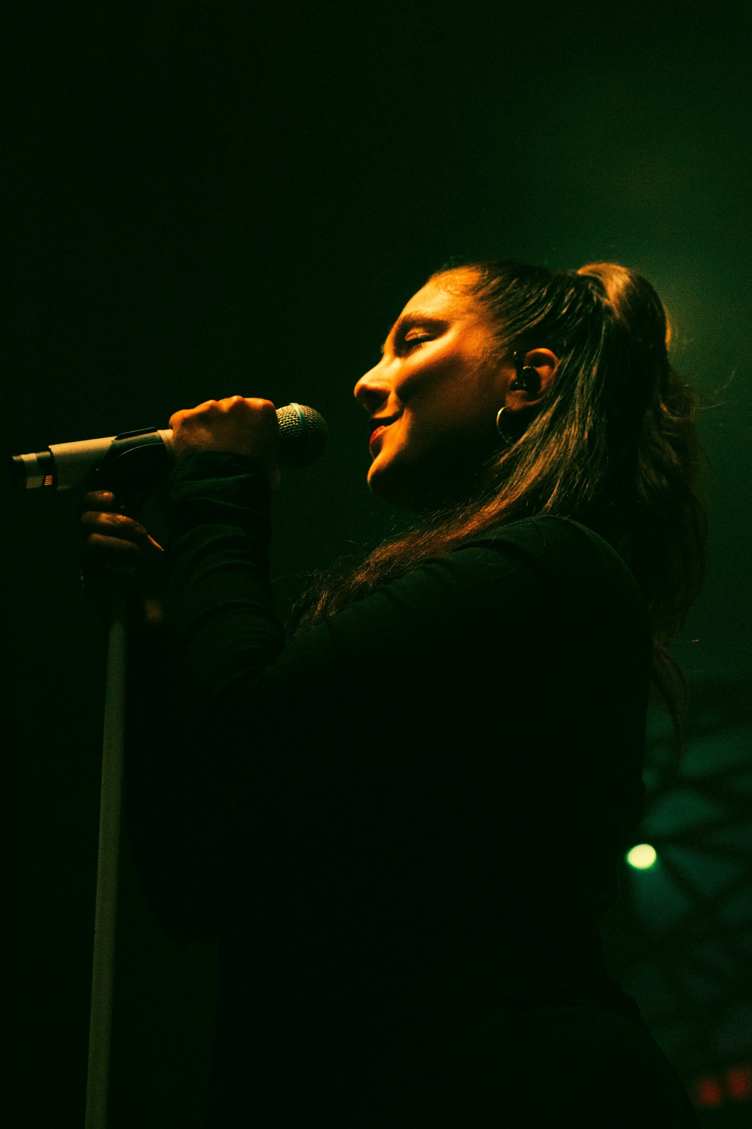 Une femme chante dans un micro lors d'un concert, éclairée par une lumière tamisée.