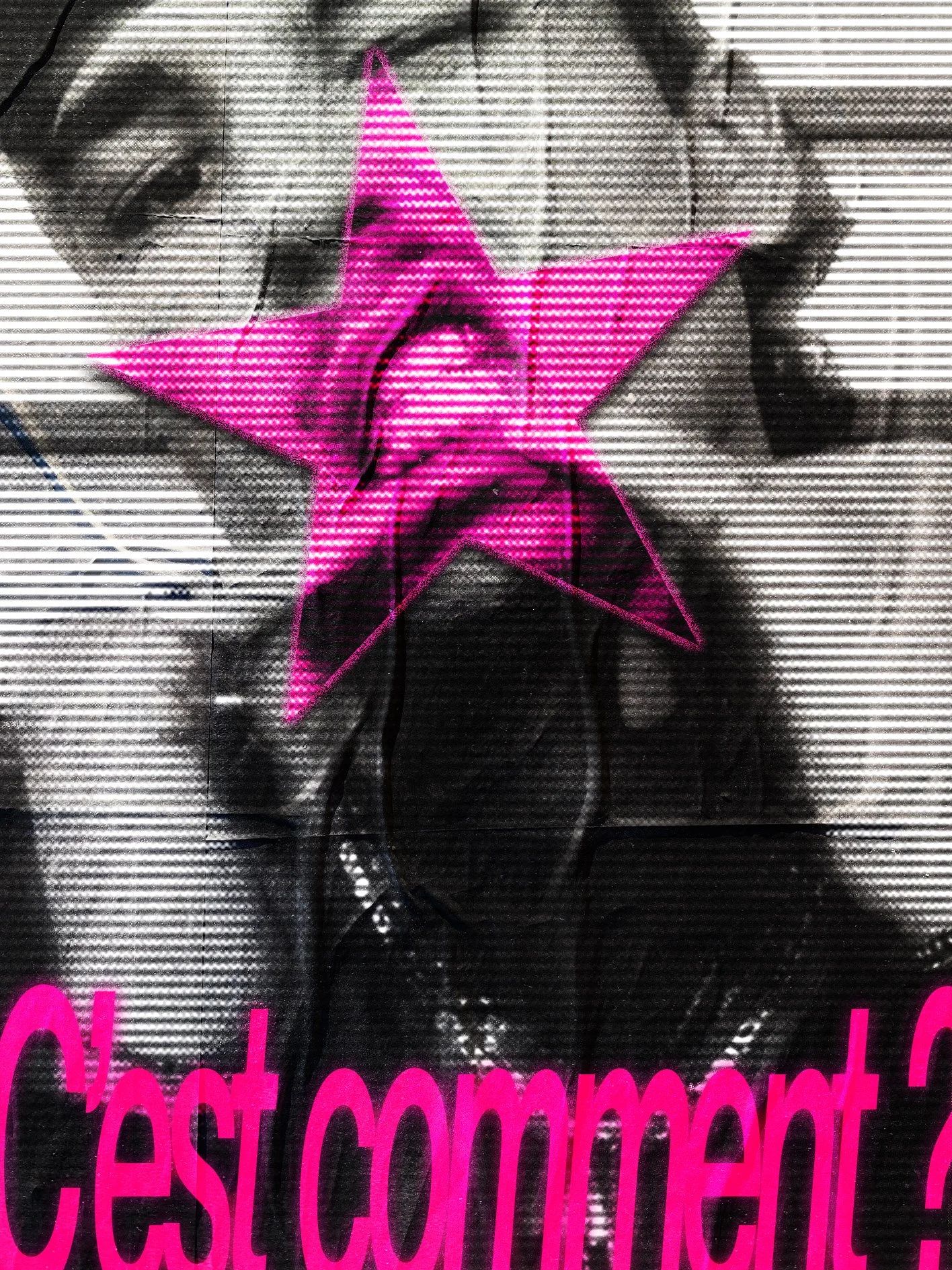 Une photographie en noir et blanc d'une personne avec une étoile rose brillante projetée sur elle, avec du texte en rose à l'avant-plan.