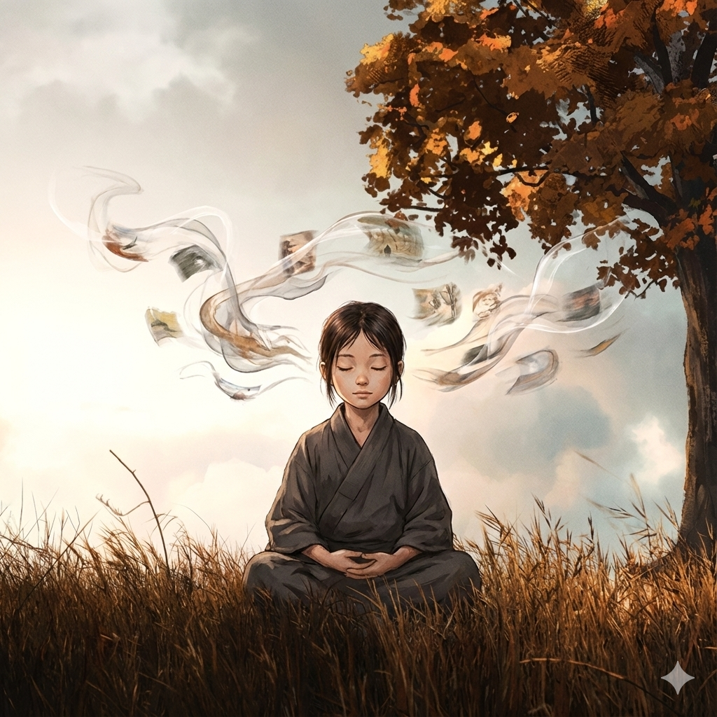 A young girl practicing meditation outdoors, sitting cross-legged in a field of tall grass, with a large tree and autumn-colored leaves in the background. There are paper money bills and wisps of smoke floating in the air around her.
