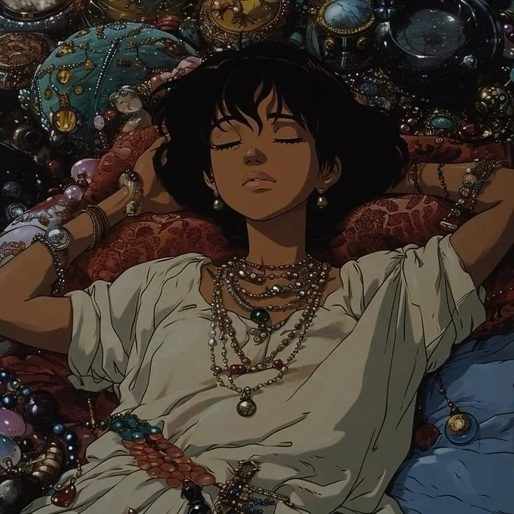 A woman with dark hair and earrings lying on a bed surrounded by jewelry, including necklaces, bracelets, and rings, with her eyes closed resting in pure abundance through manifesting.