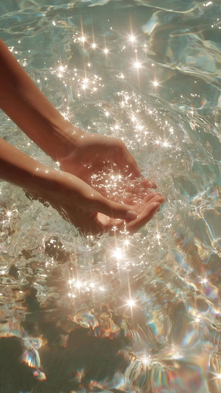 Person's hands cupping water in a sunlit ocean or pool, with sunlight reflecting off the water's surface creating bright sparkles.