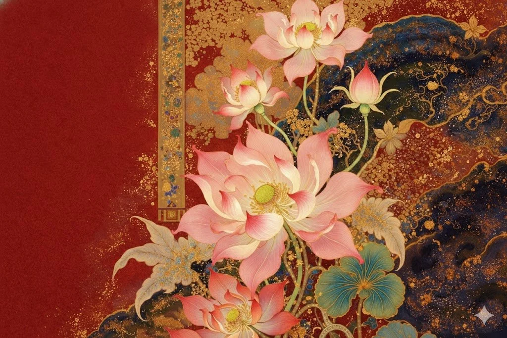 A traditional Asian-style painting featuring pink lotus flowers, green leaves, and gold accents on a dark, textured background with red and blue hues.