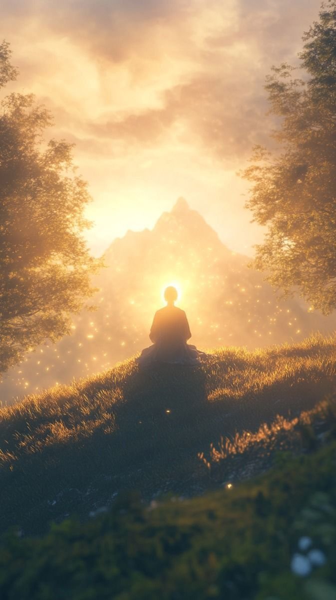 Person sitting cross-legged on grass during sunset, surrounded by golden light, trees, and sparkles, with silhouette of mountains in the background for the Inner Freedom Mastery Course.