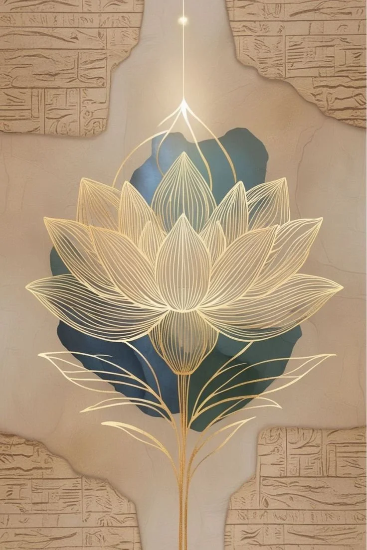 Decorative wall art of a gold-outlined lotus flower with dark blue leaves and a beige brick wall background for the Divine Union Course.