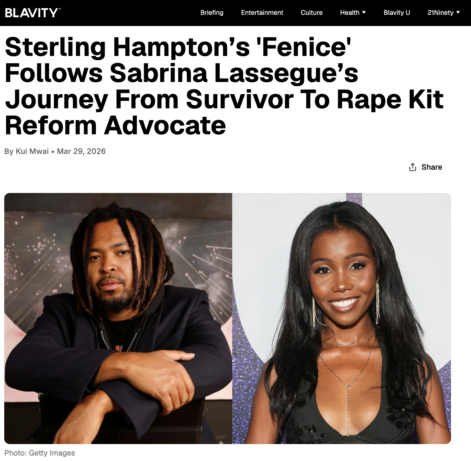 A digital news article screenshot showing a headline about Sterling Hampton and Sabrina Lassegue's journey from survivor to rape kit reform advocate. The image includes photos of a man with dreadlocks and a woman with long dark hair, both smiling.