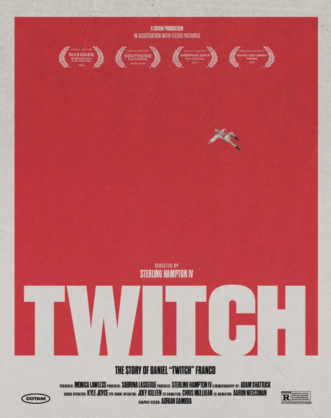 Red movie poster for "Twitch" with an astronaut floating in space, and awards at the top.