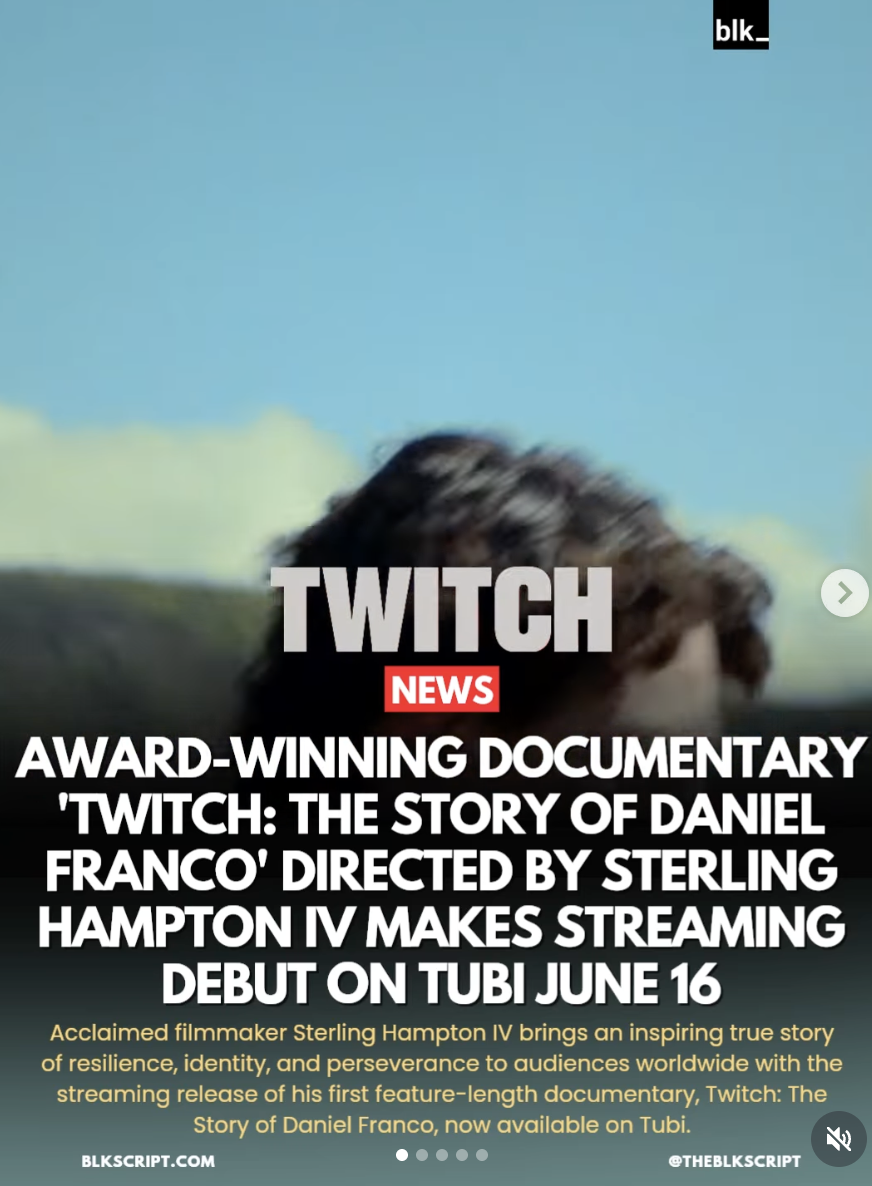 A promotional poster for the documentary 'Twitch: The Story of Daniel Franco,' directed by Sterling Hampton IV, premiering on Tubi on June 16. The poster features a blurry background with a person's head and includes text with the documentary's detai