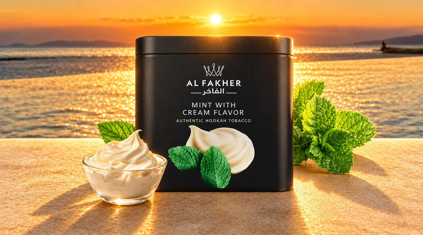 Al Fakher Mint with Cream shisha tobacco tub with fresh mint leaves and a bowl of cream in a sunset setting.