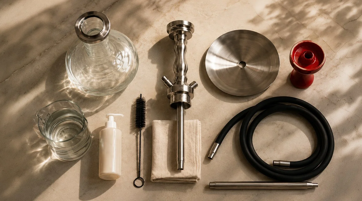 Disassembled shisha parts, cleaning brush, cloth and water arranged on a stone countertop.