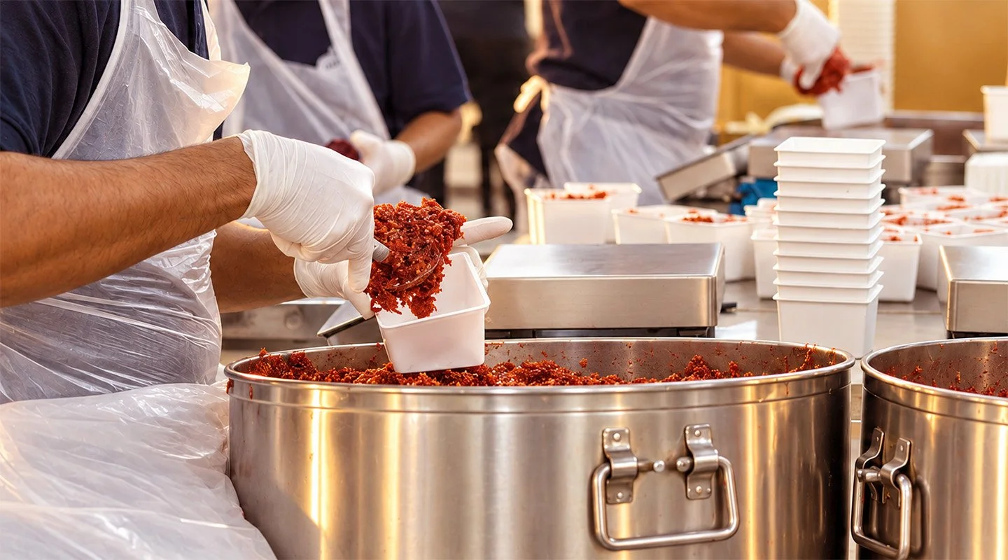 Al Fakher production workers portioning blended shisha tobacco into containers during the packaging process.