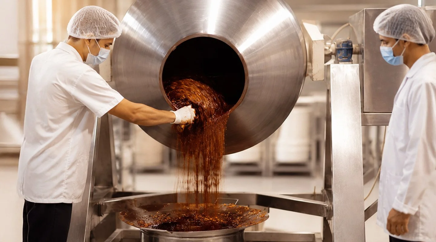 Al Fakher production team blending shisha tobacco using automated manufacturing equipment.
